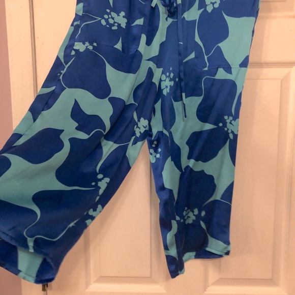 SILK turquoise blue large floral capri Bermuda  pants  XS drawstring - Picture 5 of 10